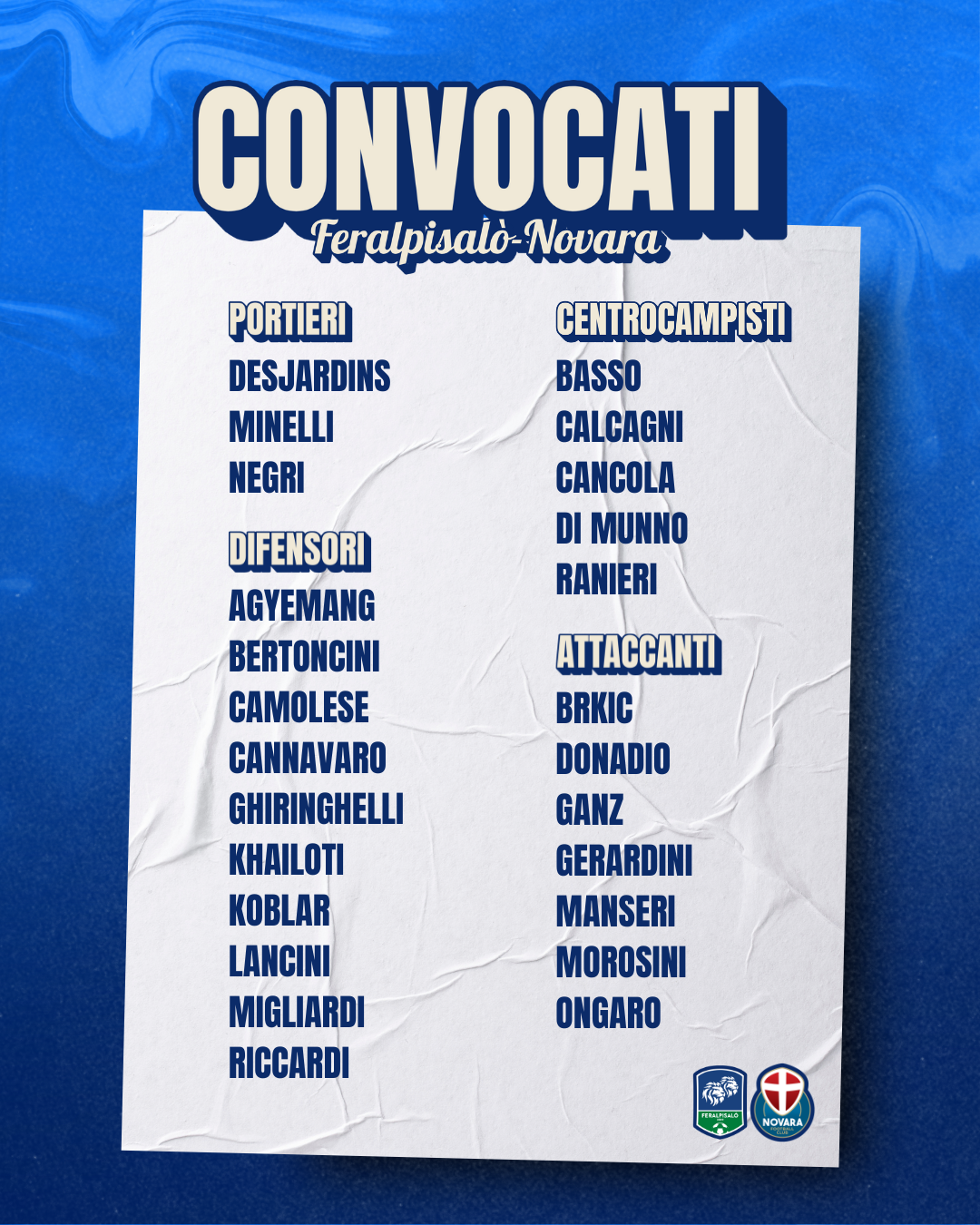 Read more about the article Feralpisalò-Novara: i convocati azzurri