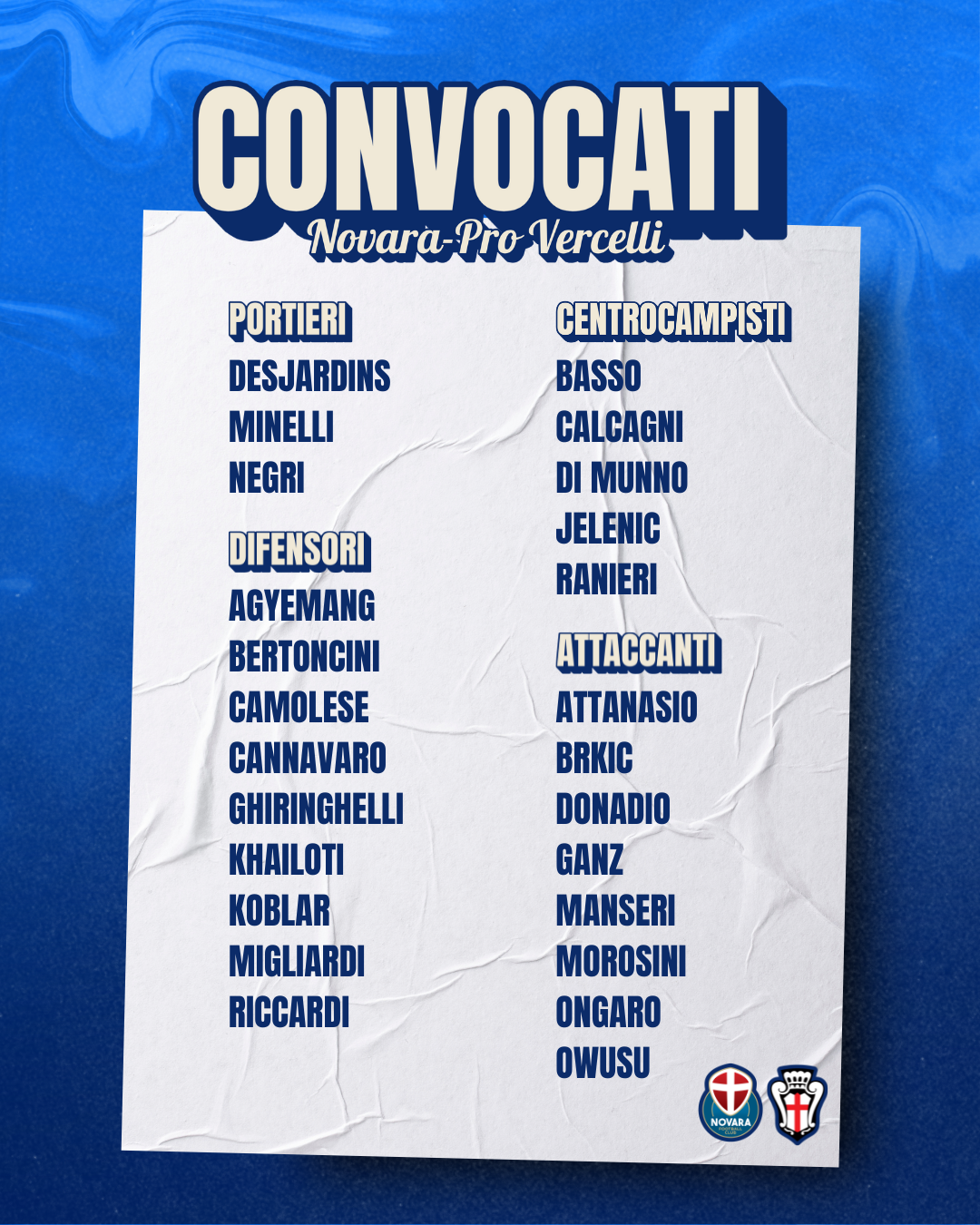 Read more about the article Novara-Pro Vercelli: i convocati azzurri