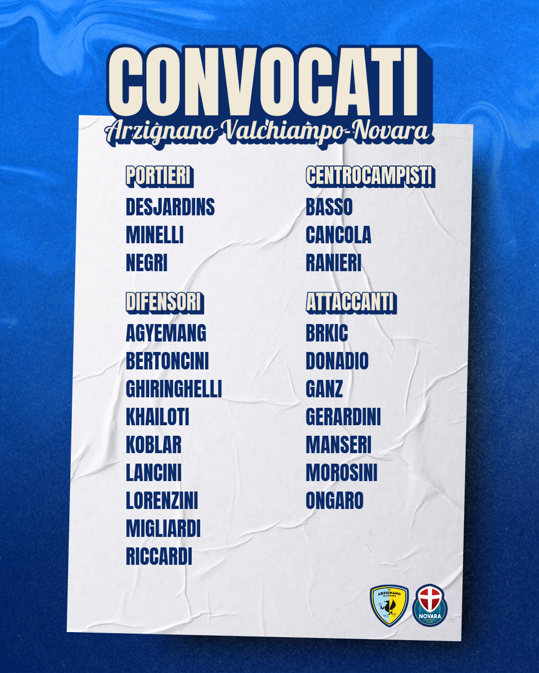 Read more about the article Arzignano V.-Novara: i convocati azzurri