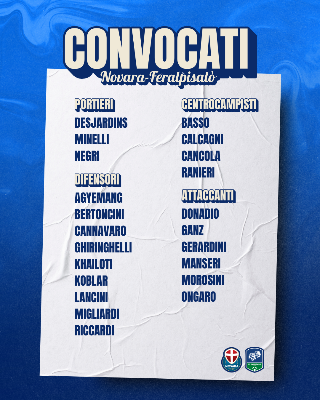 Read more about the article Novara-Feralpisalò: i convocati azzurri